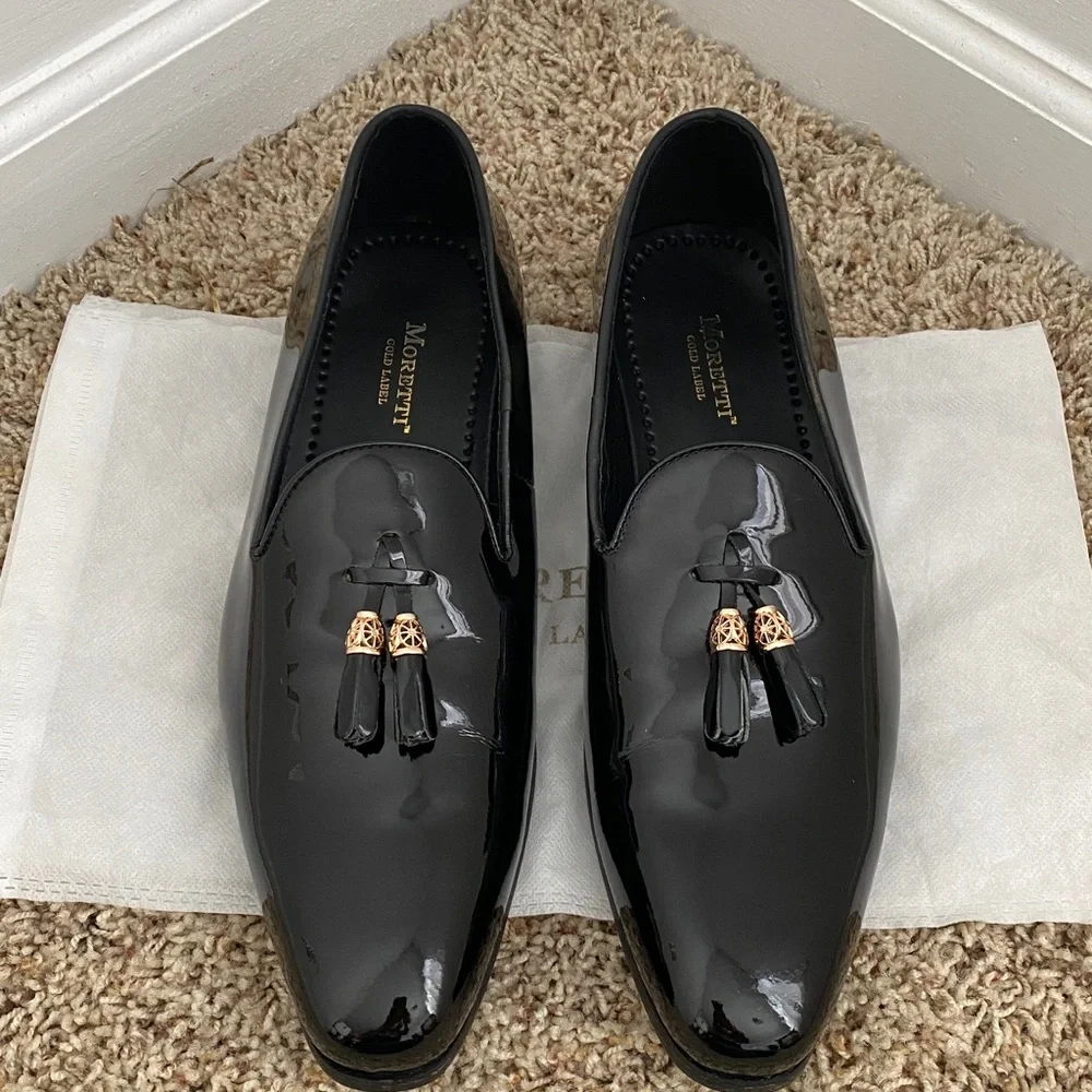 Moretti Gold Label Black Patent Tassel Slip On Loafers Size 11